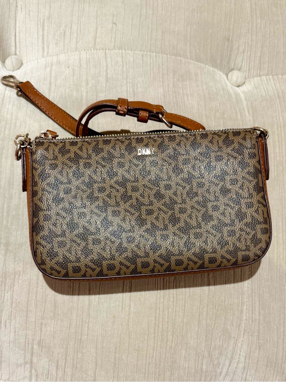 DKNY Brown Monogram Crossbody with Tan Trim